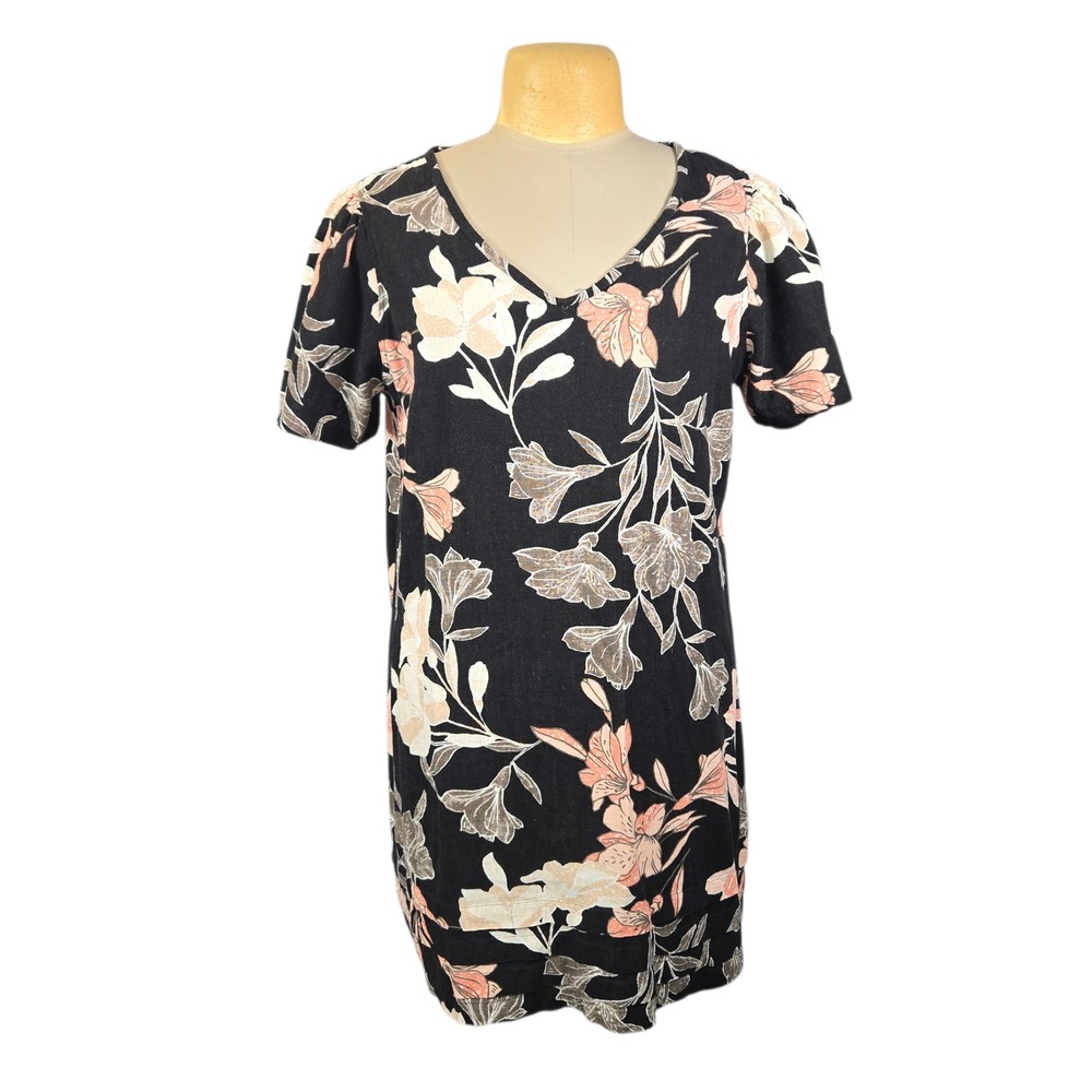 Nicole Miller Floral Linen Blend Dress Women XL Black Shift Lagenlook Vacation